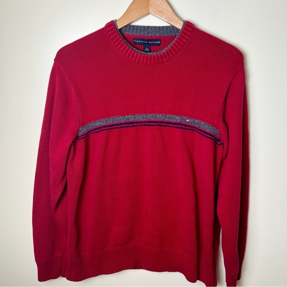 Tommy Hilfiger Men’s Y2K Red Wool Trim Cotton Pullover Logo Knit Sweater Large